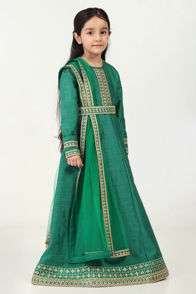 Regal Dupion Silk Anarkali Dress with Zari Embroidery - Green - EastEssence.com