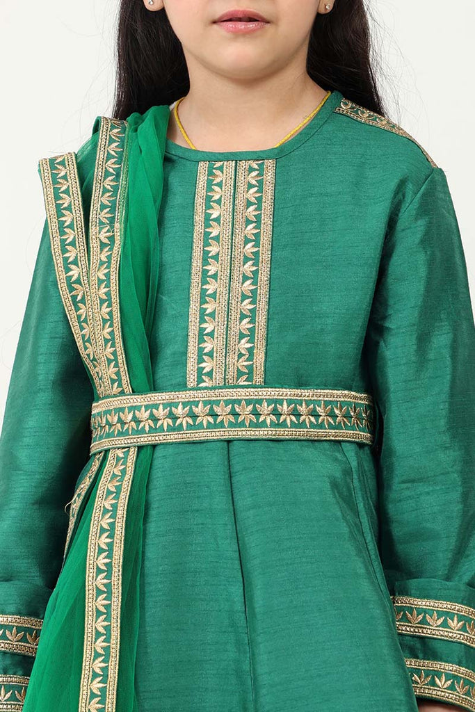 Regal Dupion Silk Anarkali Dress with Zari Embroidery - Green - EastEssence.com