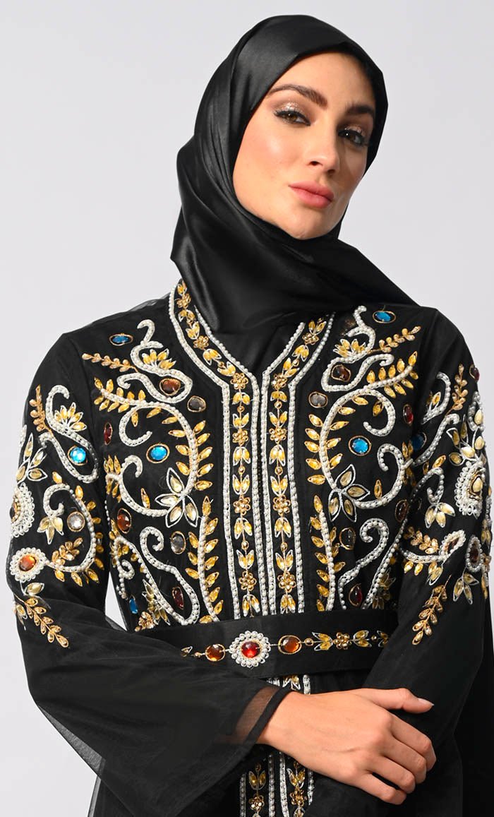 Regal Embellishments: Intricately Handcrafted Black Shrug with Lining and Belt - EastEssence.com