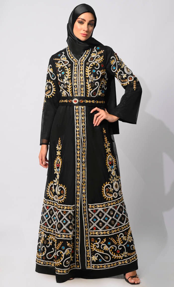 Regal Embellishments: Intricately Handcrafted Black Shrug with Lining and Belt - EastEssence.com