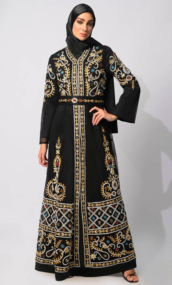 Regal Embellishments: Intricately Handcrafted Black Shrug with Lining and Belt - EastEssence.com
