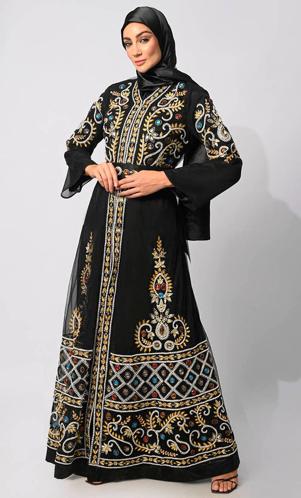 Regal Embellishments: Intricately Handcrafted Black Shrug with Lining and Belt - EastEssence.com