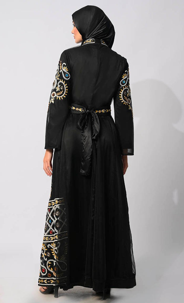 Regal Embellishments: Intricately Handcrafted Black Shrug with Lining and Belt - EastEssence.com