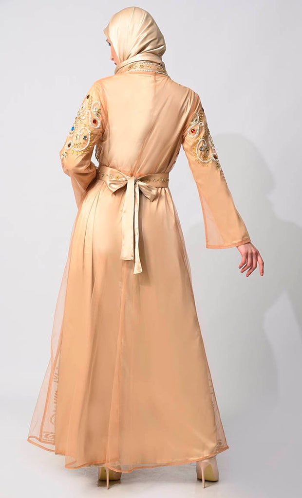 Regal Embellishments: Intricately Handcrafted Sand Shrug with Lining and Belt - EastEssence.com