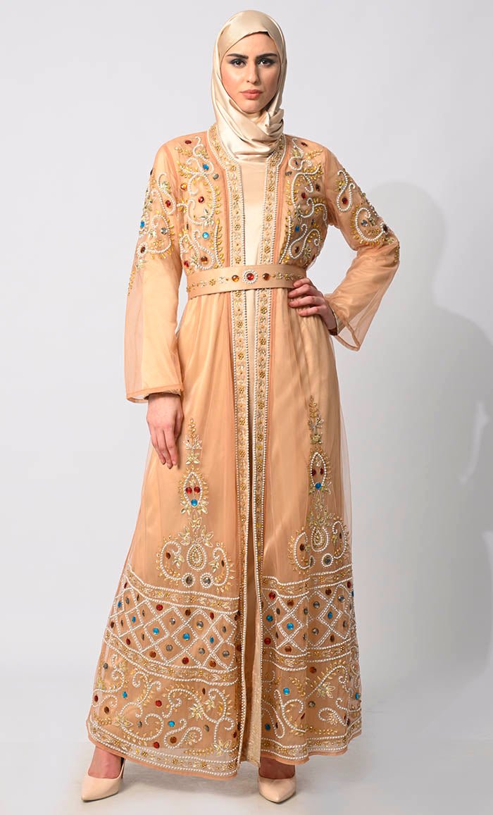 Regal Embellishments: Intricately Handcrafted Sand Shrug with Lining and Belt - EastEssence.com