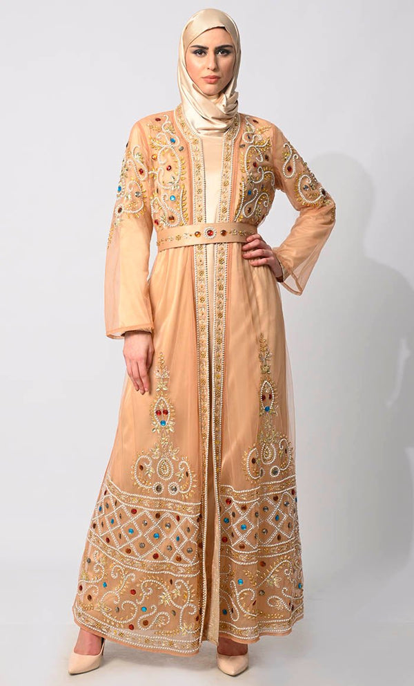 Regal Embellishments: Intricately Handcrafted Sand Shrug with Lining and Belt - EastEssence.com