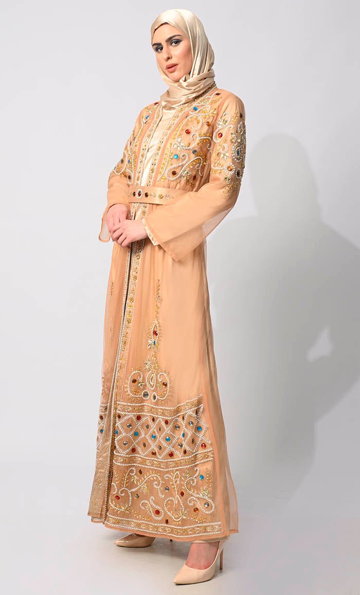 Regal Embellishments: Intricately Handcrafted Sand Shrug with Lining and Belt - EastEssence.com