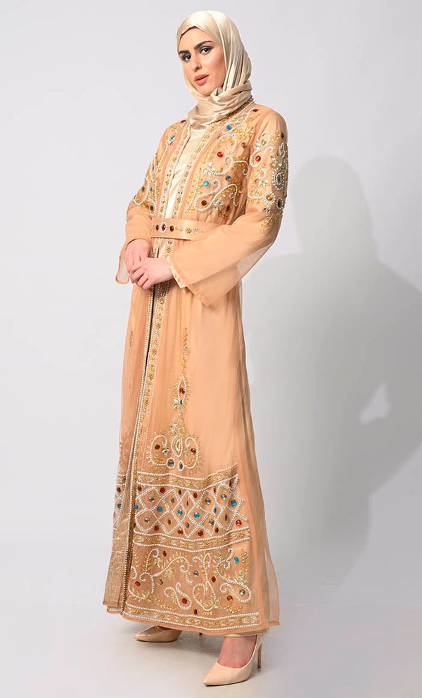 Regal Embellishments: Intricately Handcrafted Sand Shrug with Lining and Belt - EastEssence.com