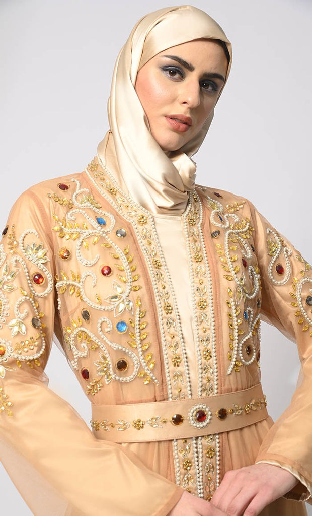 Regal Embellishments: Intricately Handcrafted Sand Shrug with Lining and Belt - EastEssence.com