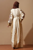 Regal Embroidered Silk Abaya in Ivory & Gold with Tribal Motif - EastEssence.com