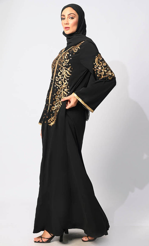 Regal Reverence: Women's Black Machine Embroidered and Handcrafted Abaya With Hijab - EastEssence.com