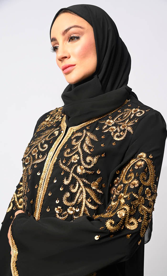 Regal Reverence: Women's Black Machine Embroidered and Handcrafted Abaya With Hijab - EastEssence.com