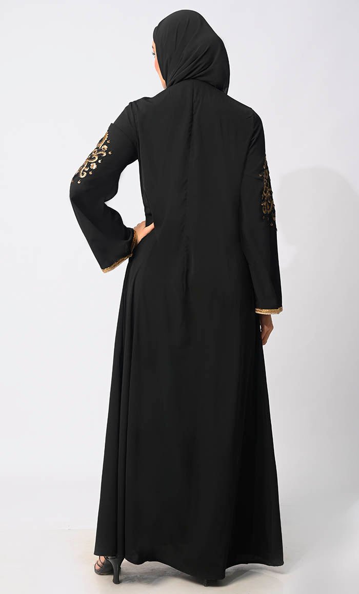 Regal Reverence: Women's Black Machine Embroidered and Handcrafted Abaya With Hijab - EastEssence.com