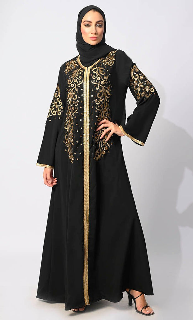 Regal Reverence: Women's Black Machine Embroidered and Handcrafted Abaya With Hijab - Final Sale - EastEssence.com