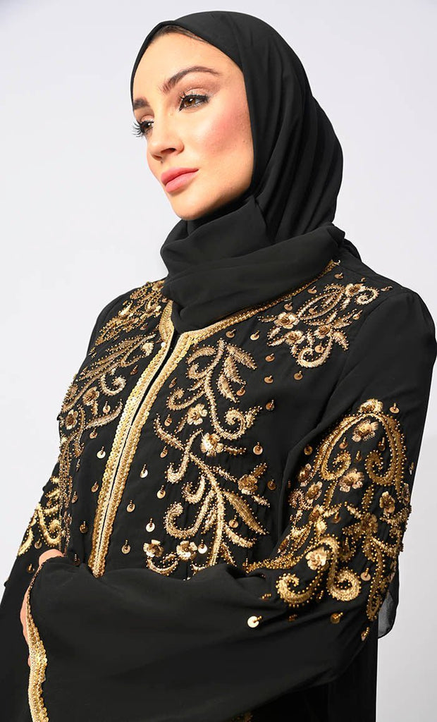 Regal Reverence: Women's Black Machine Embroidered and Handcrafted Abaya With Hijab - Final Sale - EastEssence.com