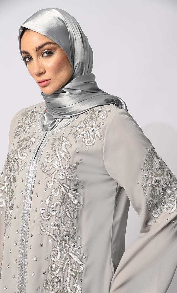 Regal Reverence: Women's Grey Machine Embroidered and Handcrafted Abaya With Hijab - EastEssence.com