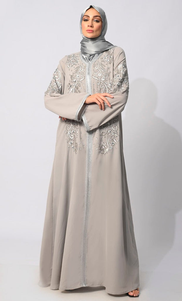 Regal Reverence: Women's Grey Machine Embroidered and Handcrafted Abaya With Hijab - EastEssence.com