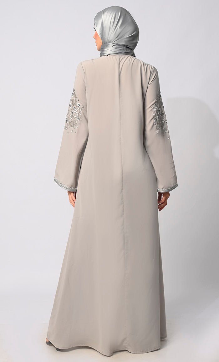 Regal Reverence: Women's Grey Machine Embroidered and Handcrafted Abaya With Hijab - EastEssence.com