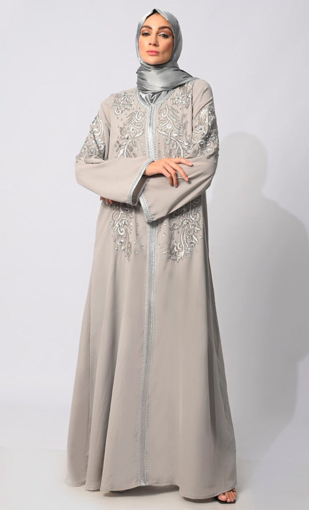 Regal Reverence: Women's Grey Machine Embroidered and Handcrafted Abaya With Hijab - Final Sale - EastEssence.com