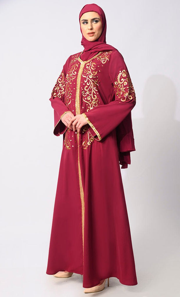 Regal Reverence: Women's Maroon Machine Embroidered and Handcrafted Abaya With Hijab - EastEssence.com