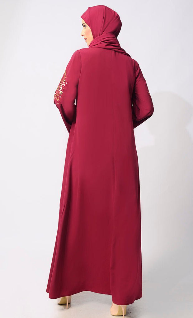 Regal Reverence: Women's Maroon Machine Embroidered and Handcrafted Abaya With Hijab - EastEssence.com