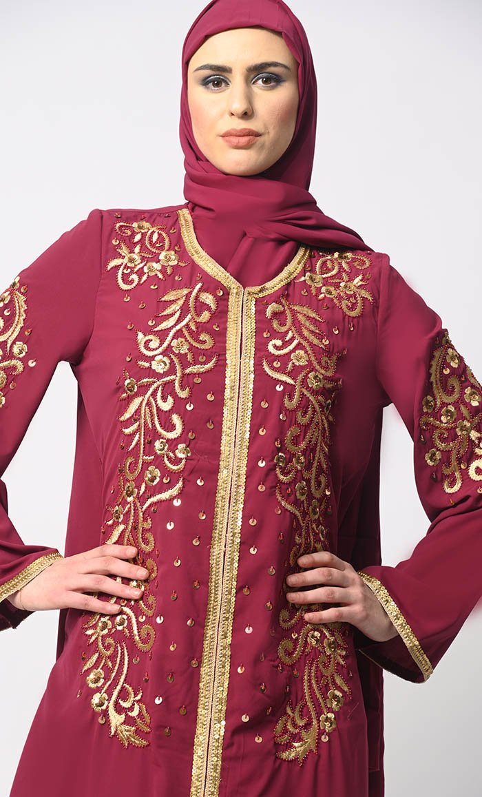 Regal Reverence: Women's Maroon Machine Embroidered and Handcrafted Abaya With Hijab - EastEssence.com