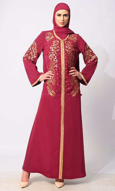 Regal Reverence: Women's Maroon Machine Embroidered and Handcrafted Abaya With Hijab - EastEssence.com