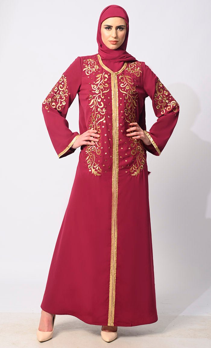 Regal Reverence: Women's Maroon Machine Embroidered and Handcrafted Abaya With Hijab - EastEssence.com