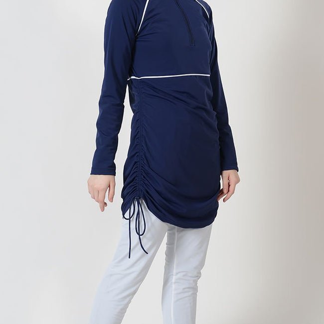 Rouched Detail And White Trim Panels Swimwear Burkini Three Piece Set - EastEssence.com
