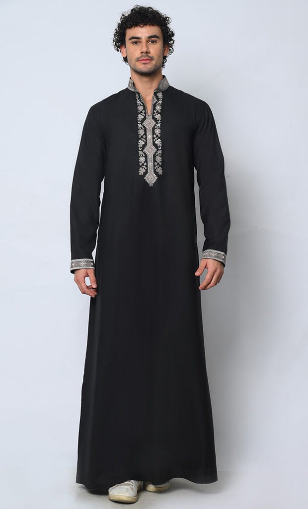 Royal Arabesque: Arabic Embroidered Men's Black Thobe - EastEssence.com