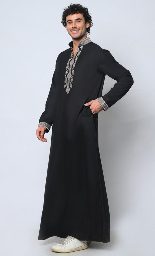 Royal Arabesque: Arabic Embroidered Men's Black Thobe - EastEssence.com