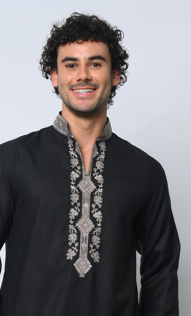 Royal Arabesque: Arabic Embroidered Men's Black Thobe - EastEssence.com