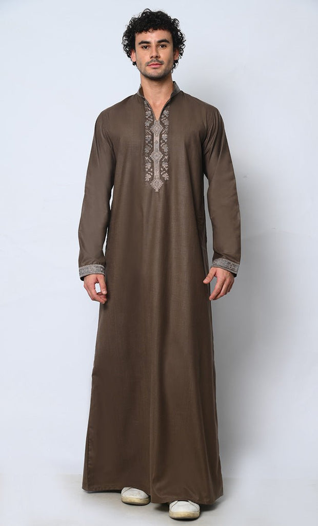 Royal Arabesque: Arabic Embroidered Men's Brown Thobe - EastEssence.com