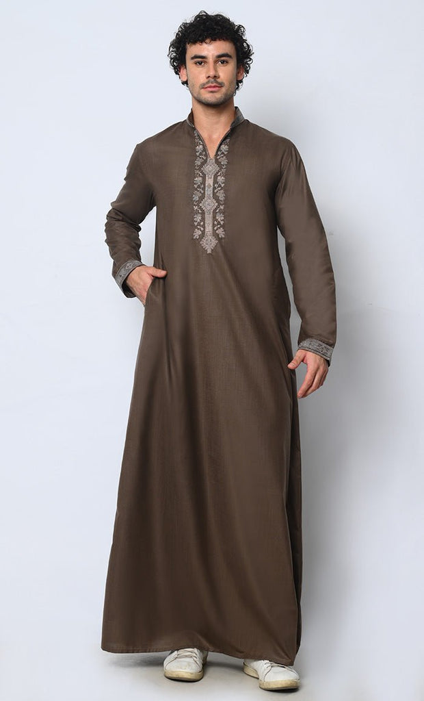 Royal Arabesque: Arabic Embroidered Men's Brown Thobe - EastEssence.com