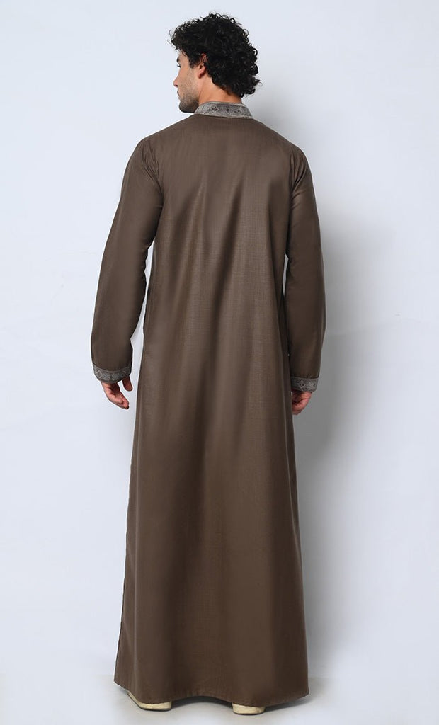 Royal Arabesque: Arabic Embroidered Men's Brown Thobe - EastEssence.com