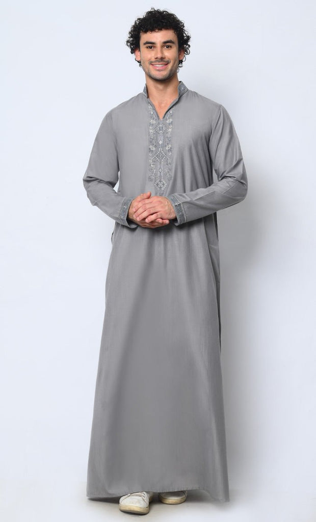 Royal Arabesque: Arabic Embroidered Men's Grey Thobe - EastEssence.com