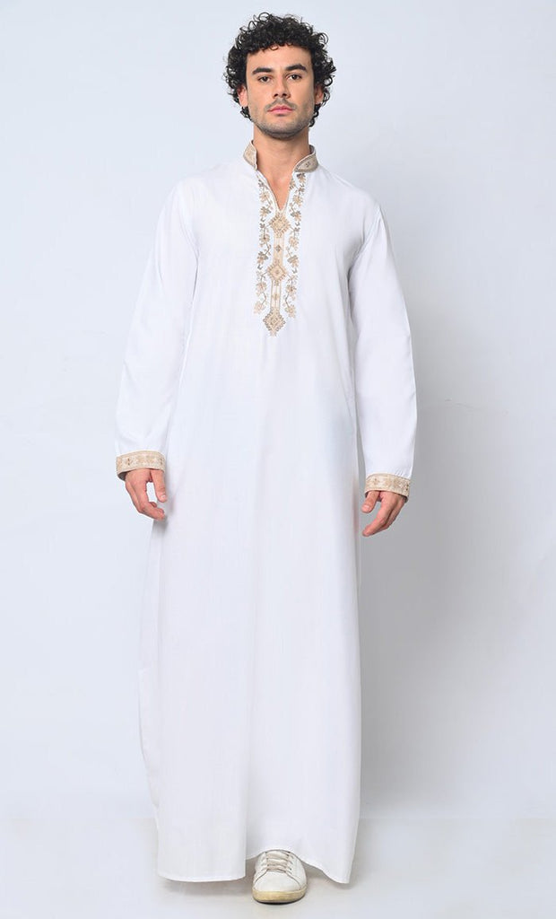 Royal Arabesque: Arabic Embroidered Men's White Thobe - EastEssence.com
