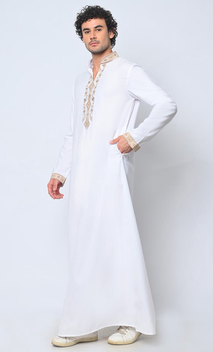 Royal Arabesque: Arabic Embroidered Men's White Thobe - EastEssence.com
