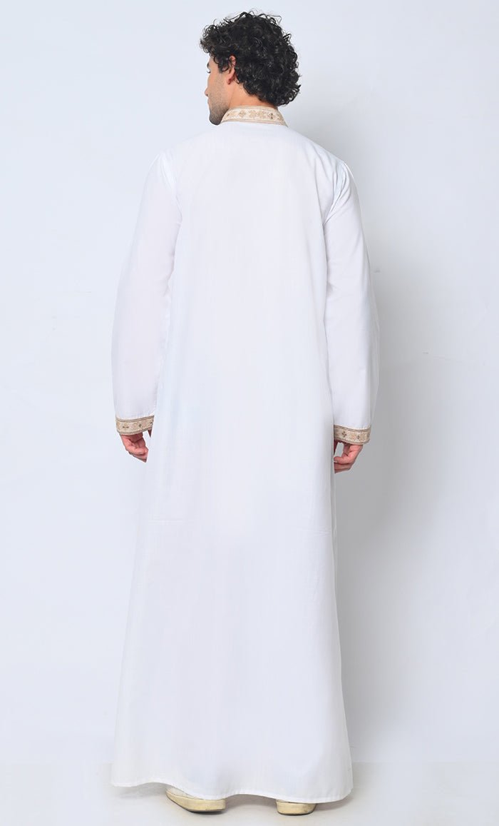 Royal Arabesque: Arabic Embroidered Men's White Thobe - EastEssence.com