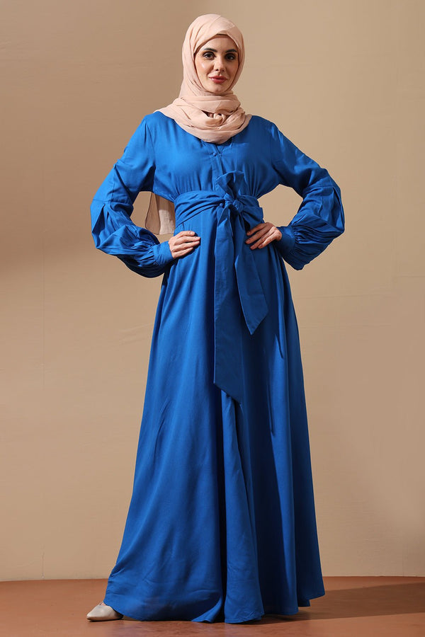 Royal Blue Belted Abaya with Statement Sleeves - EastEssence.com