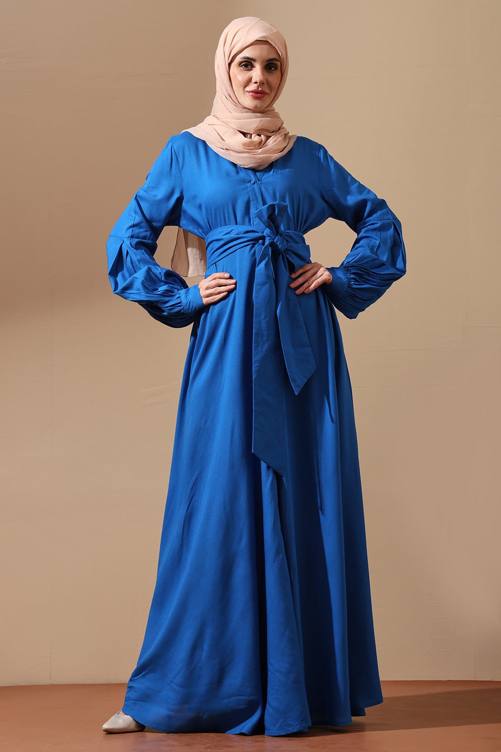 Royal Blue Belted Abaya with Statement Sleeves - EastEssence.com