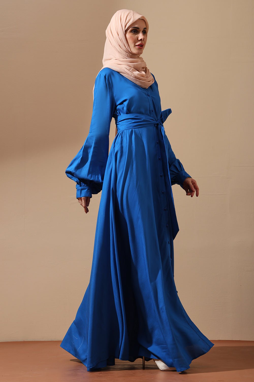 Royal Blue Belted Abaya with Statement Sleeves - EastEssence.com