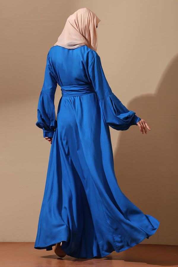 Royal Blue Belted Abaya with Statement Sleeves - EastEssence.com