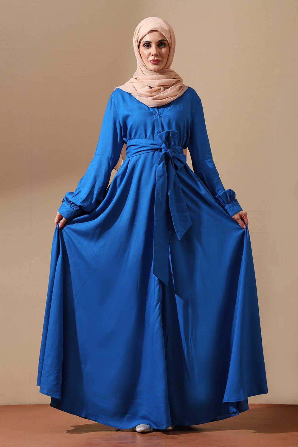 Royal Blue Belted Abaya with Statement Sleeves - EastEssence.com