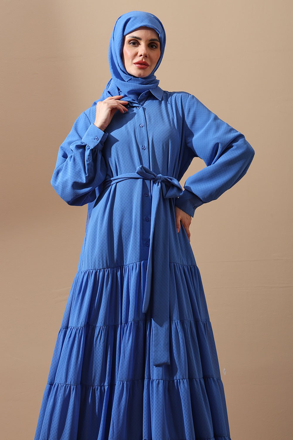 Royal Blue Tiered Maxi Abaya with Belt - EastEssence.com