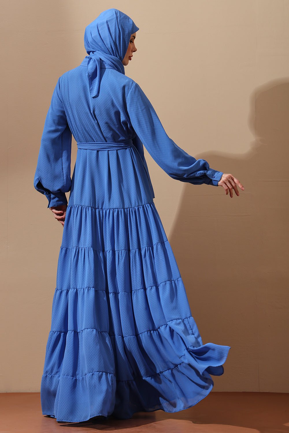 Royal Blue Tiered Maxi Abaya with Belt - EastEssence.com