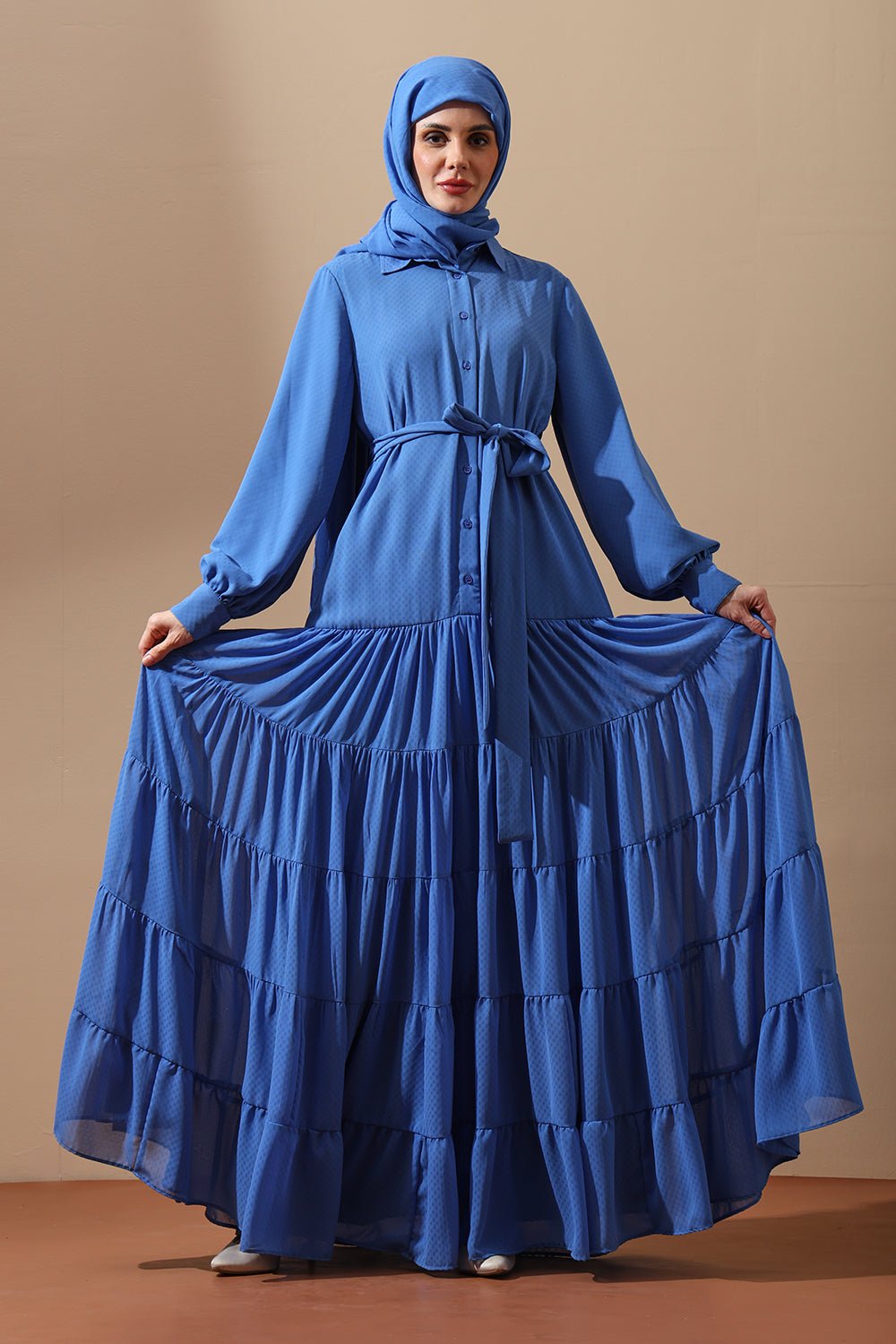 Royal Blue Tiered Maxi Abaya with Belt - EastEssence.com