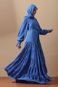 Royal Blue Tiered Maxi Abaya with Belt - EastEssence.com