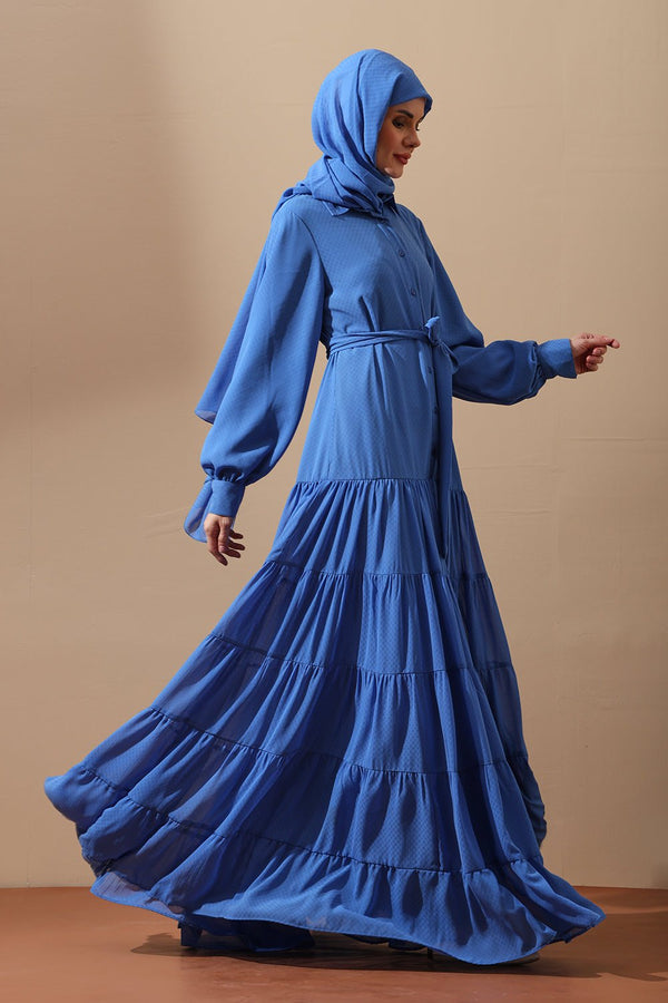 Royal Blue Tiered Maxi Abaya with Belt - EastEssence.com