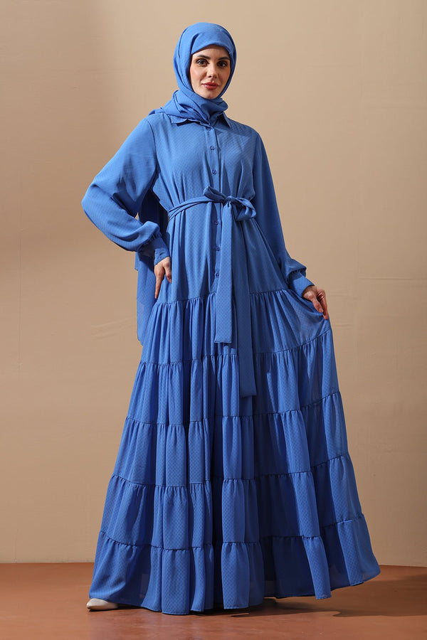 Royal Blue Tiered Maxi Abaya with Belt - EastEssence.com